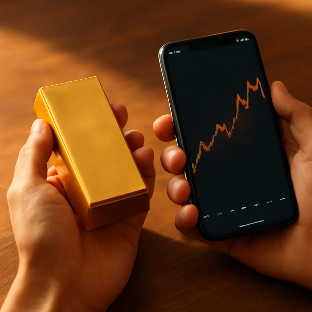 Руки держат золотой слиток и смартфон с графиком обмена