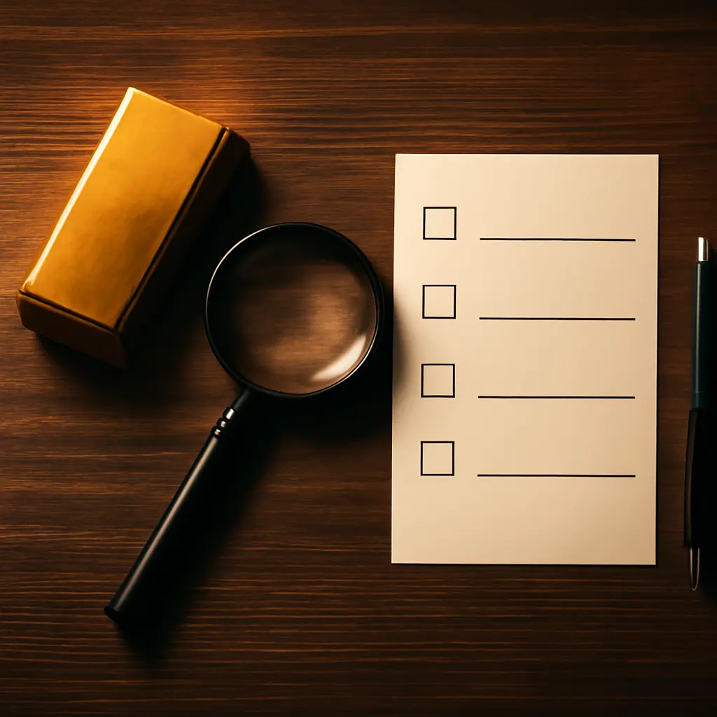 Чек-лист инвестора перед покупкой золота Визуальный чек-лист с основными пунктами проверки перед покупкой золотых слитков и монет