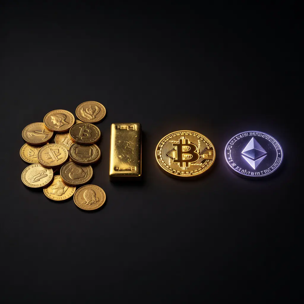 Золотые монеты и символы Bitcoin рядом — стратегия диверсификации инвестиционного портфеля между золотом и криптовалютой