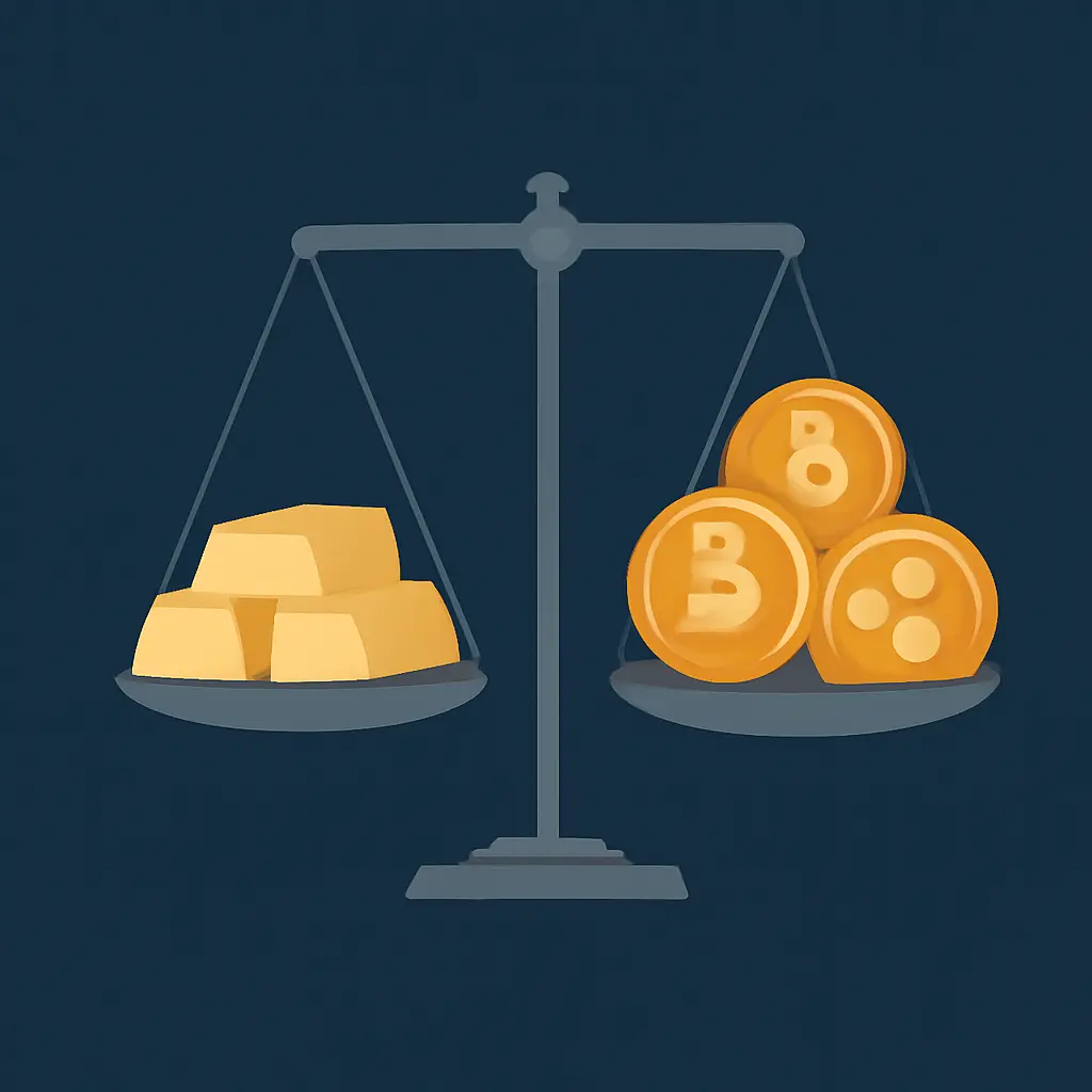 Диверсификация портфеля: золото и криптовалюта Инвестиционный портфель с золотыми слитками и символами цифровых активов на фоне графиков роста