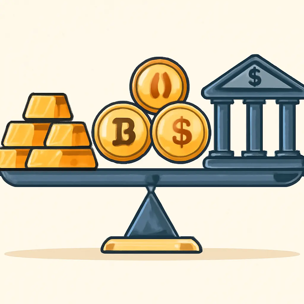 Диверсификация портфеля Иллюстрация диверсификации: золото, криптовалюты, депозиты