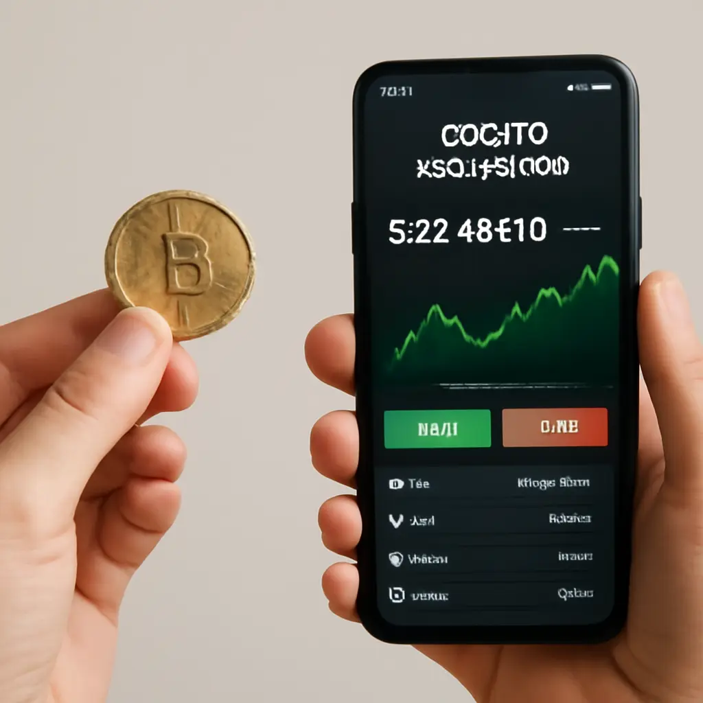 Gold vs crypto exchange Руки, держащие золотую монету и смартфон с приложением обмена