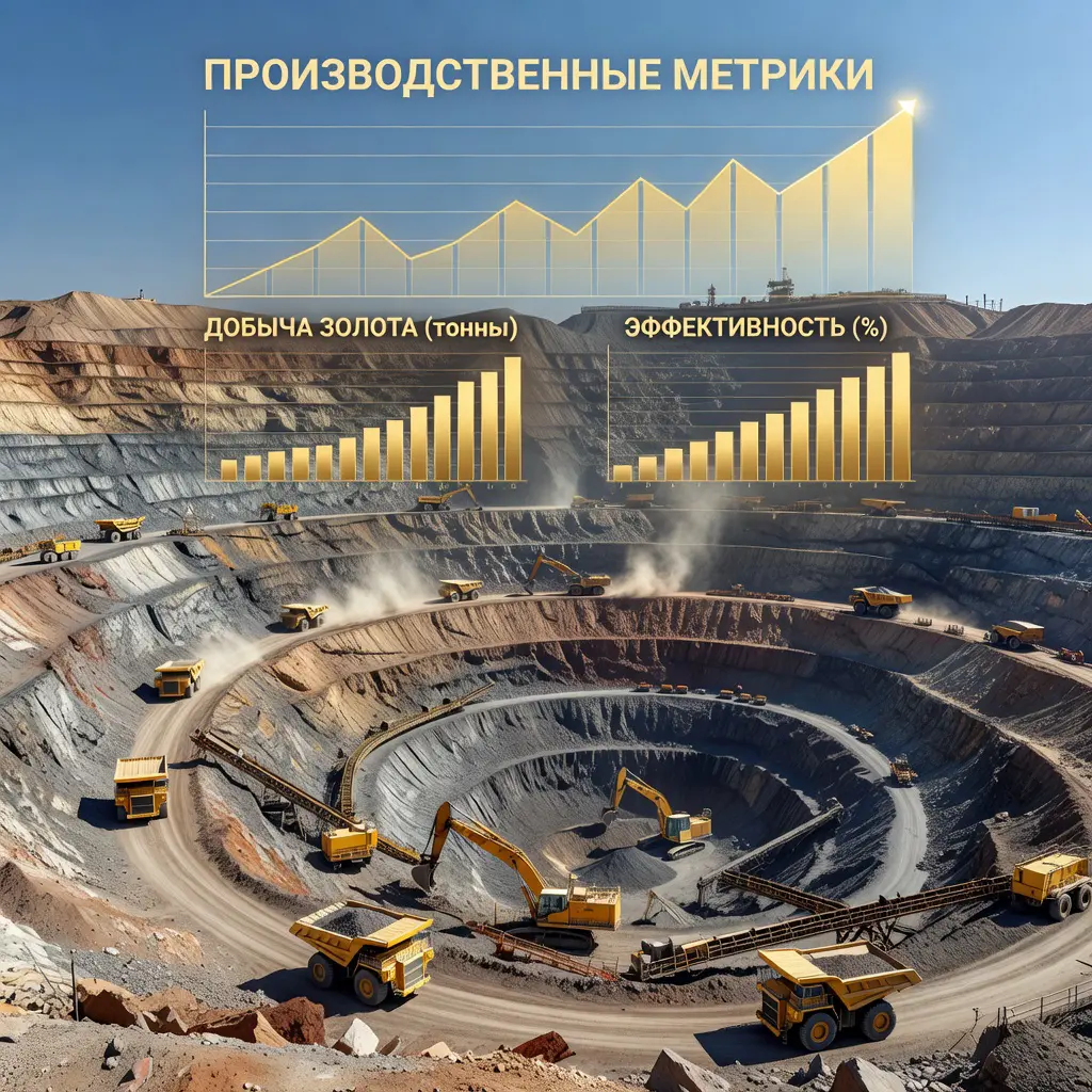 Открытый рудник и графики метрик золотодобычи