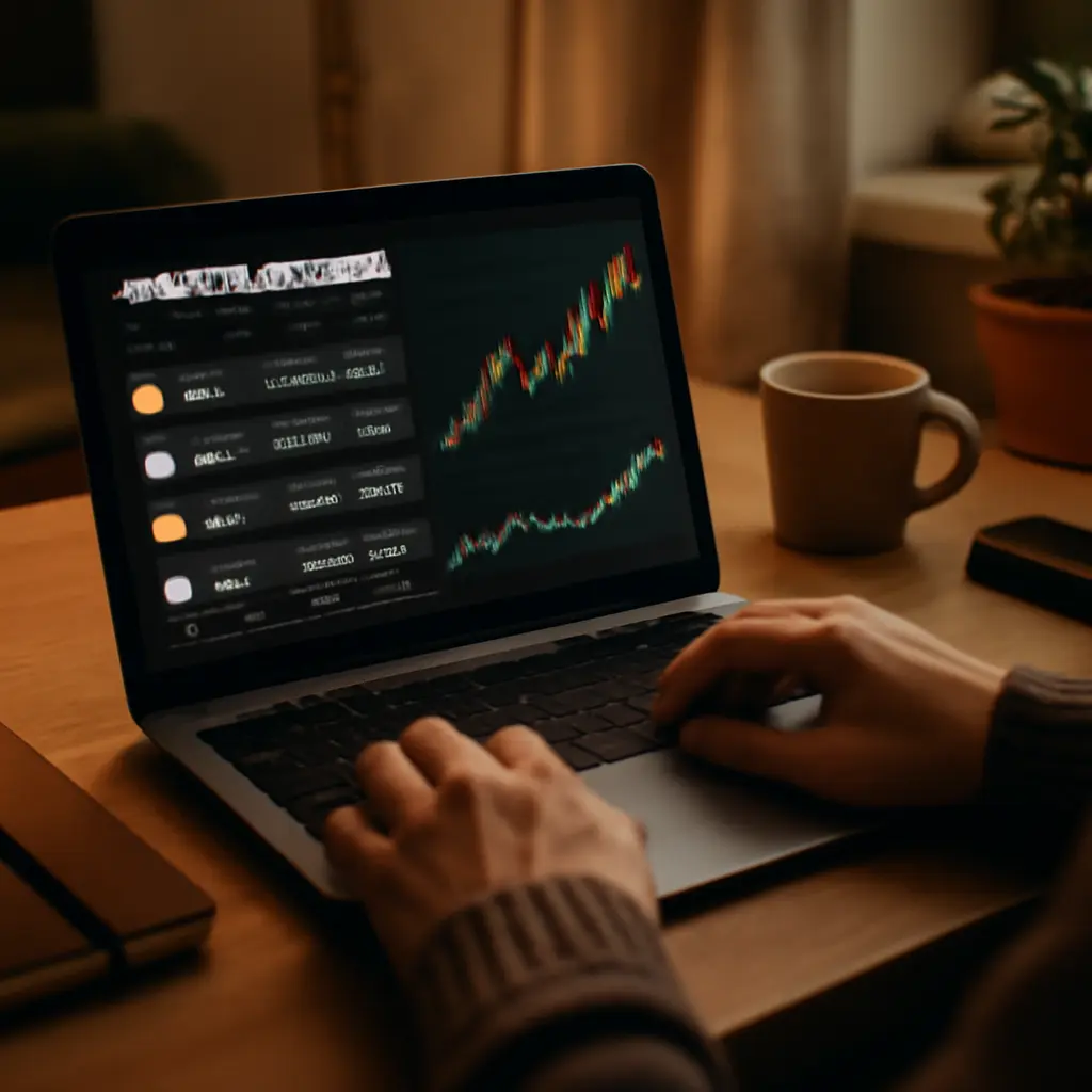 Инвестор работает с графиками и криптообменником на экране