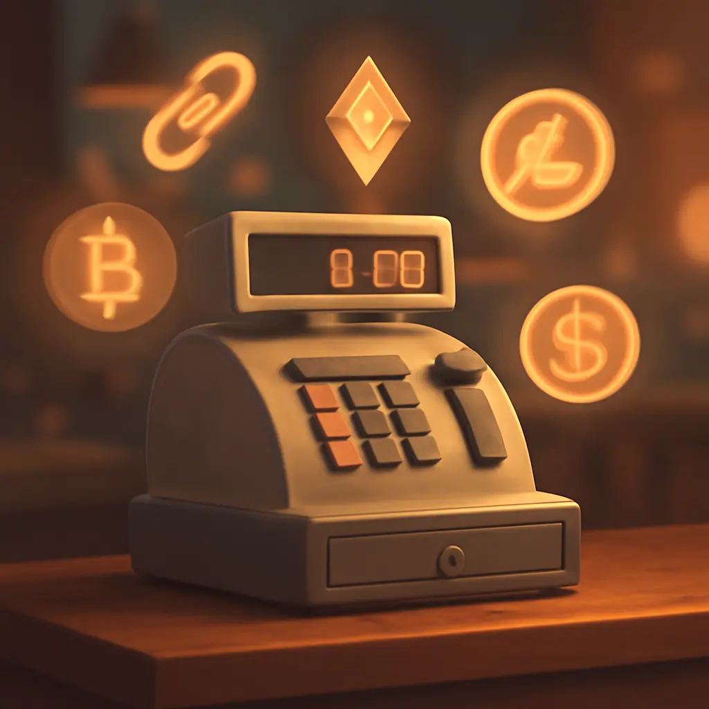 Касса для приёма платежей рядом с карточкой и иконками криптовалют