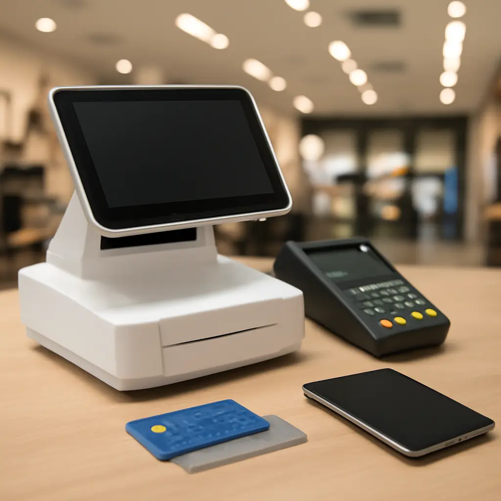 Кассовое оборудование рядом с картами и смартфоном