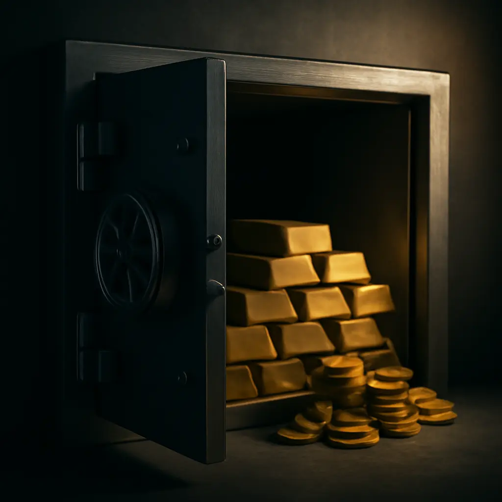 Хранение золотых слитков в сейфе Золотые слитки и монеты внутри банковского сейфа с системой безопасности