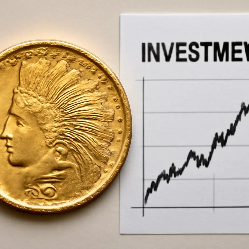 Монета золото и график Золотая монета на фоне графика инвестиций