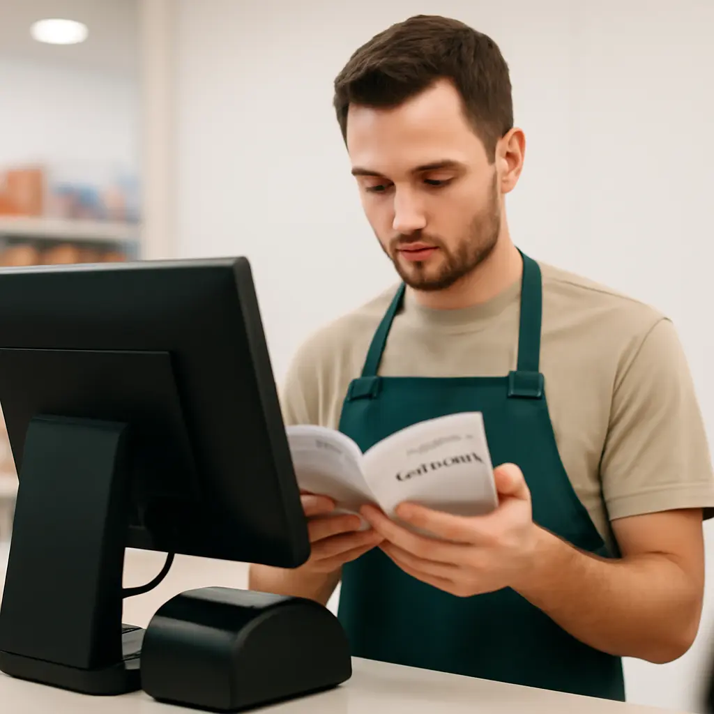 Сотрудник проверяет настройки кассы и учится работать с системой