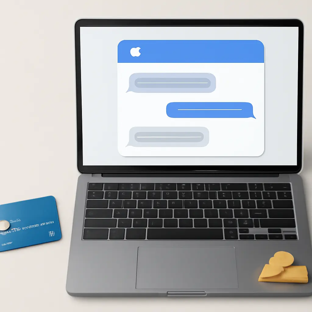 Диалог с техподдержкой на экране ноутбука, кредитная карта и значок золота