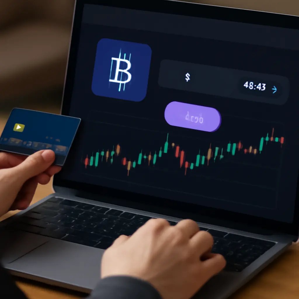 Покупка криптовалюты через сервис Человек использует ноутбук для покупки криптовалюты на сервисе