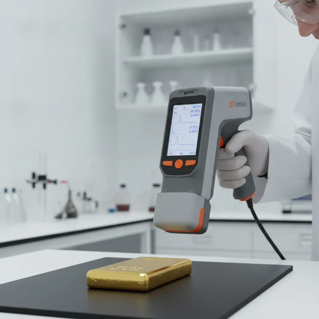 Специалист в лаборатории направляет портативный XRF-анализатор на золотой слиток, на экране видно распределение элементов
