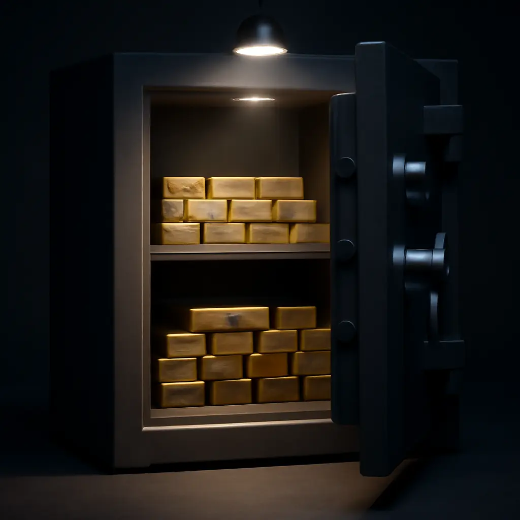 Риски хранения золота Сейф с золотыми слитками, символ хранения и рисков