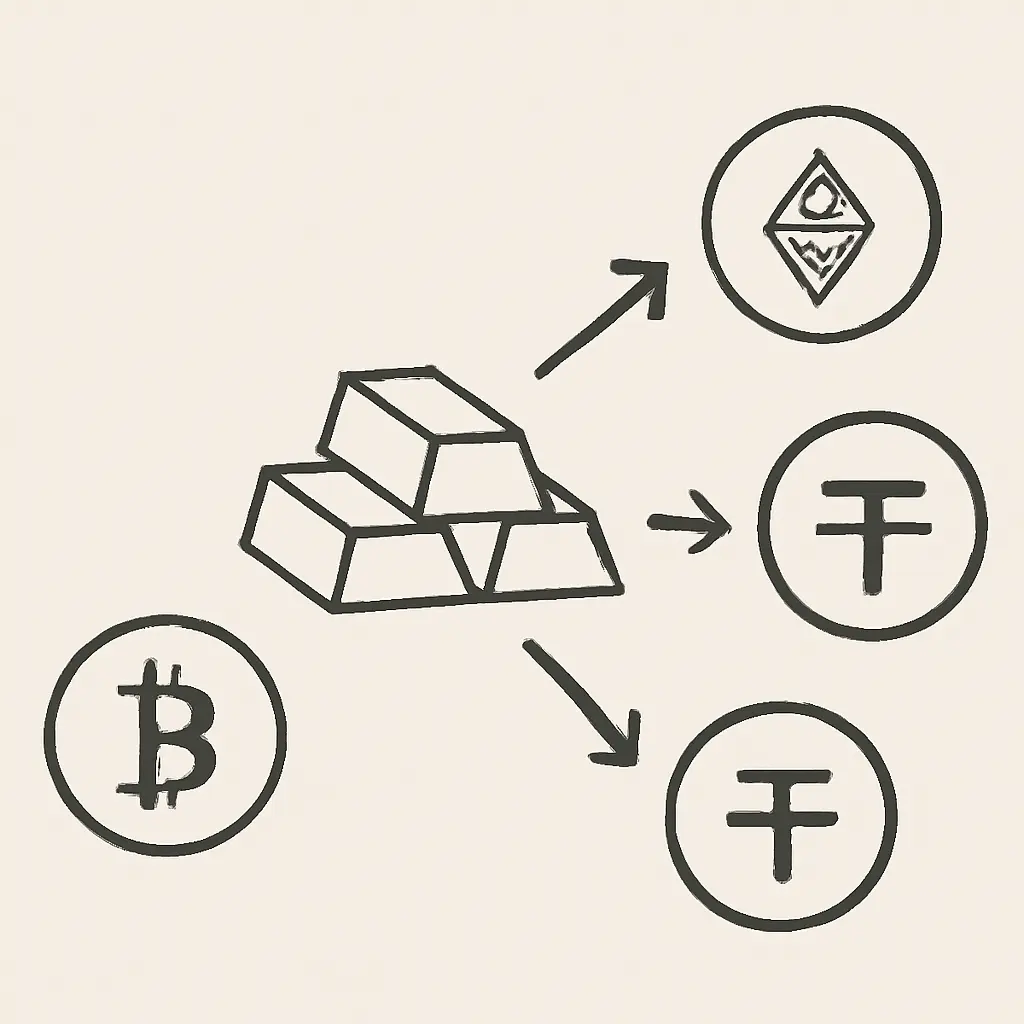 Схема обмена золота и криптоактивов Иллюстрация взаимодействия золота и криптовалют через обменник