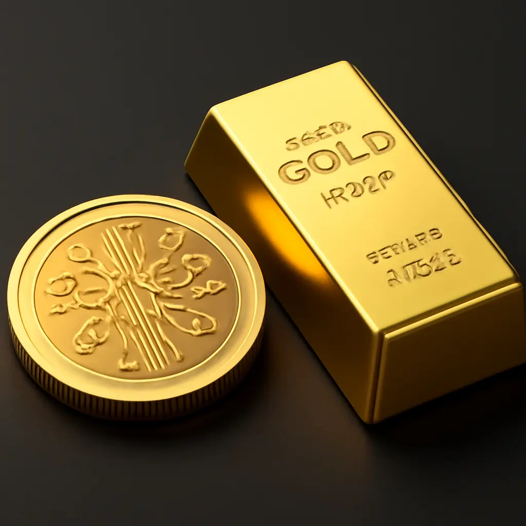 Иллюстрация цифрового токена и золотого слитка, символ перехода в цифровую экономику