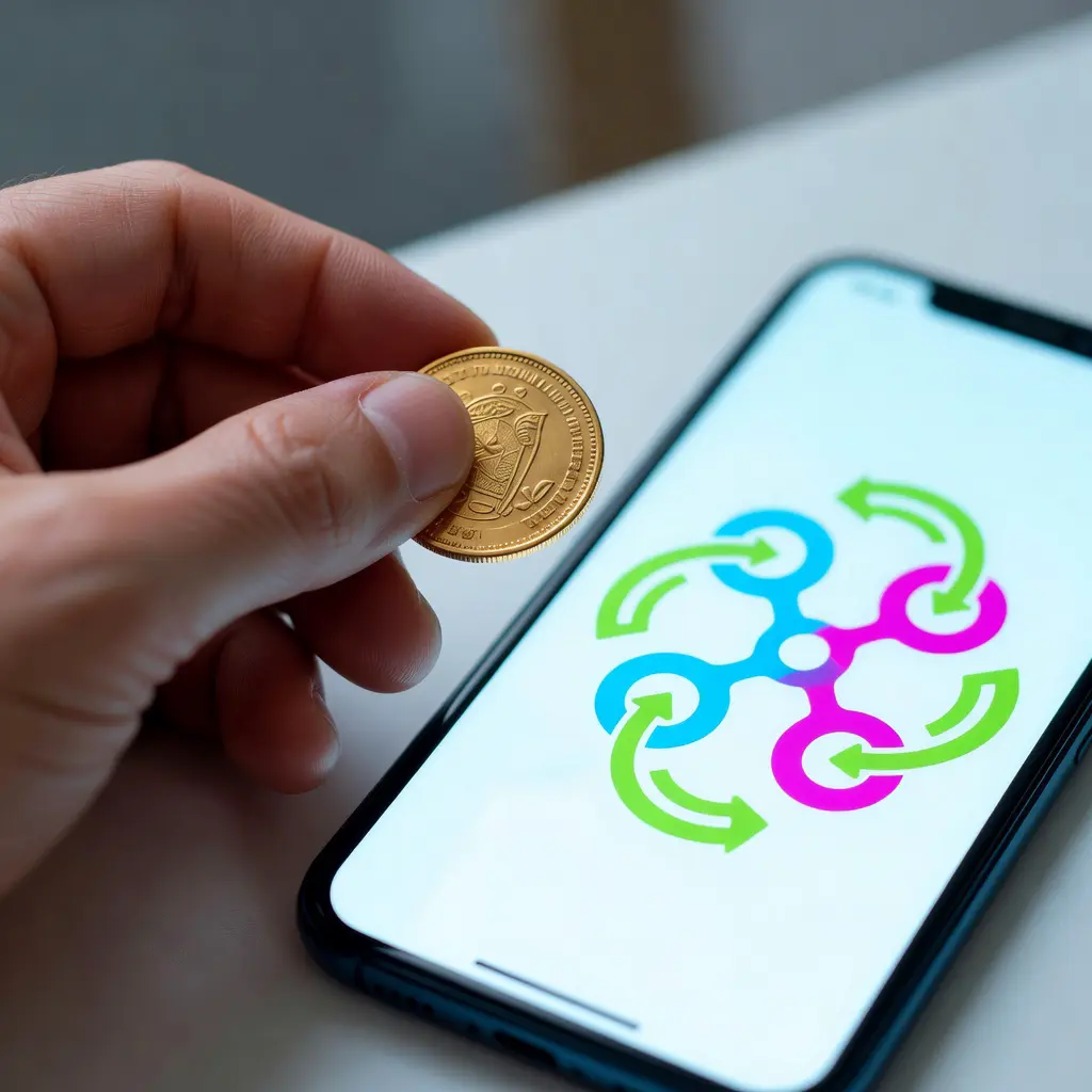 Руки держат золотую монету, рядом смартфон с обменником