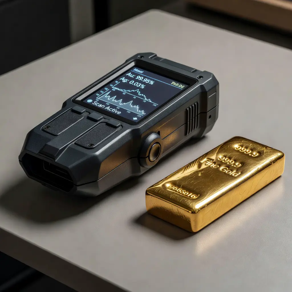 Портативный XRF-сканер рядом со слитком золота