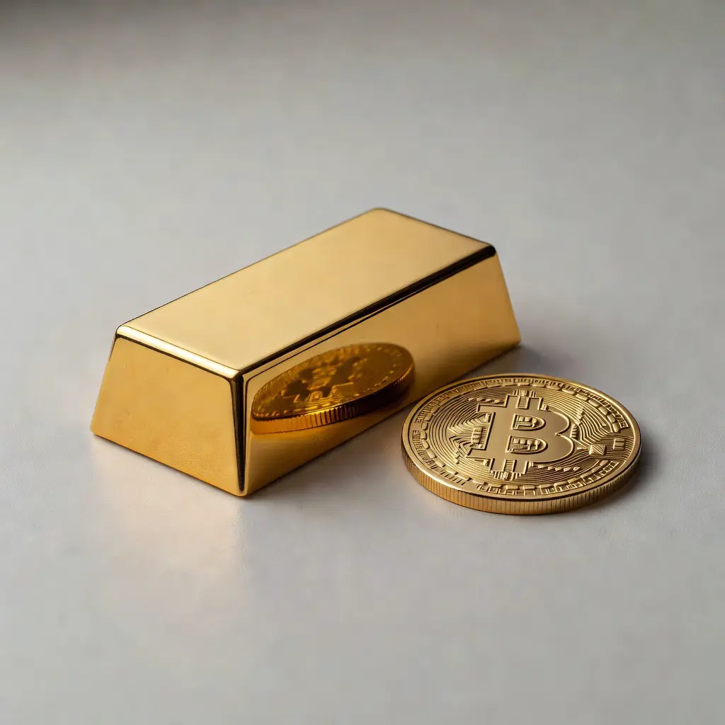 Золото и Bitcoin как взаимодополняющие защитные активы 2025 года Золотой слиток и монета Bitcoin рядом как альтернативные активы-убежища для сохранения капитала в 2025 году