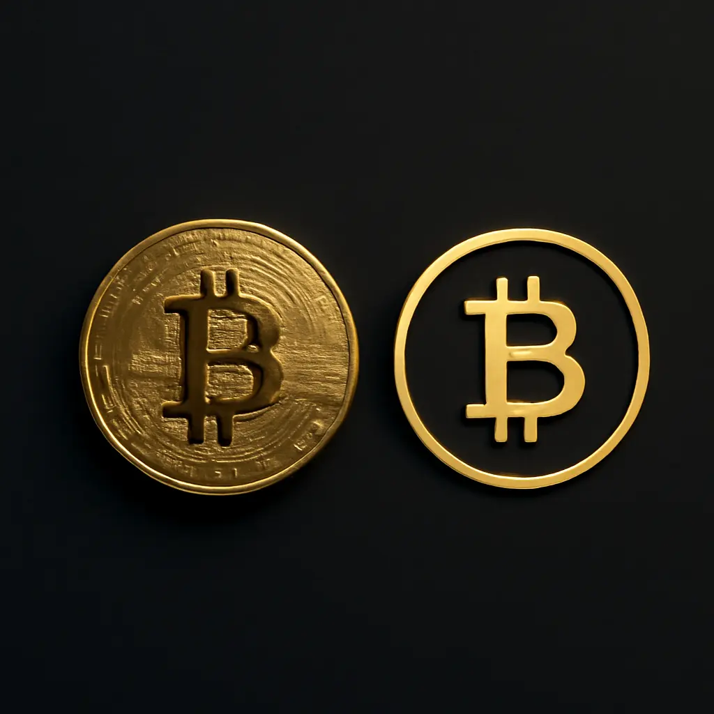 Монета золота рядом с цифровым значком криптовалюты