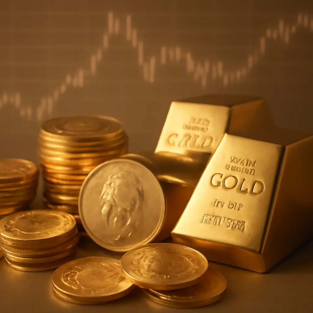 Золото и рынок Монеты и слитки золота на фоне графика