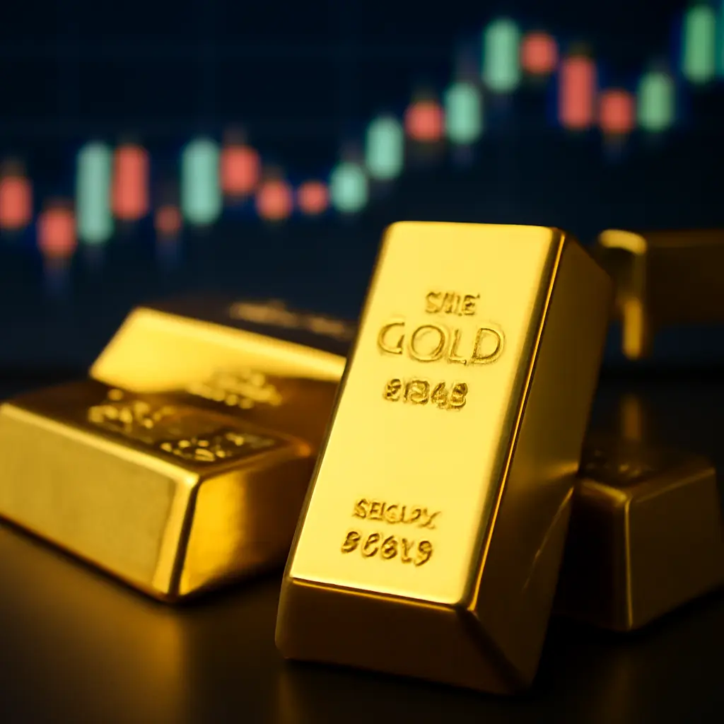 Золото и современная экономика Слитки золота на фоне финансовых графиков
