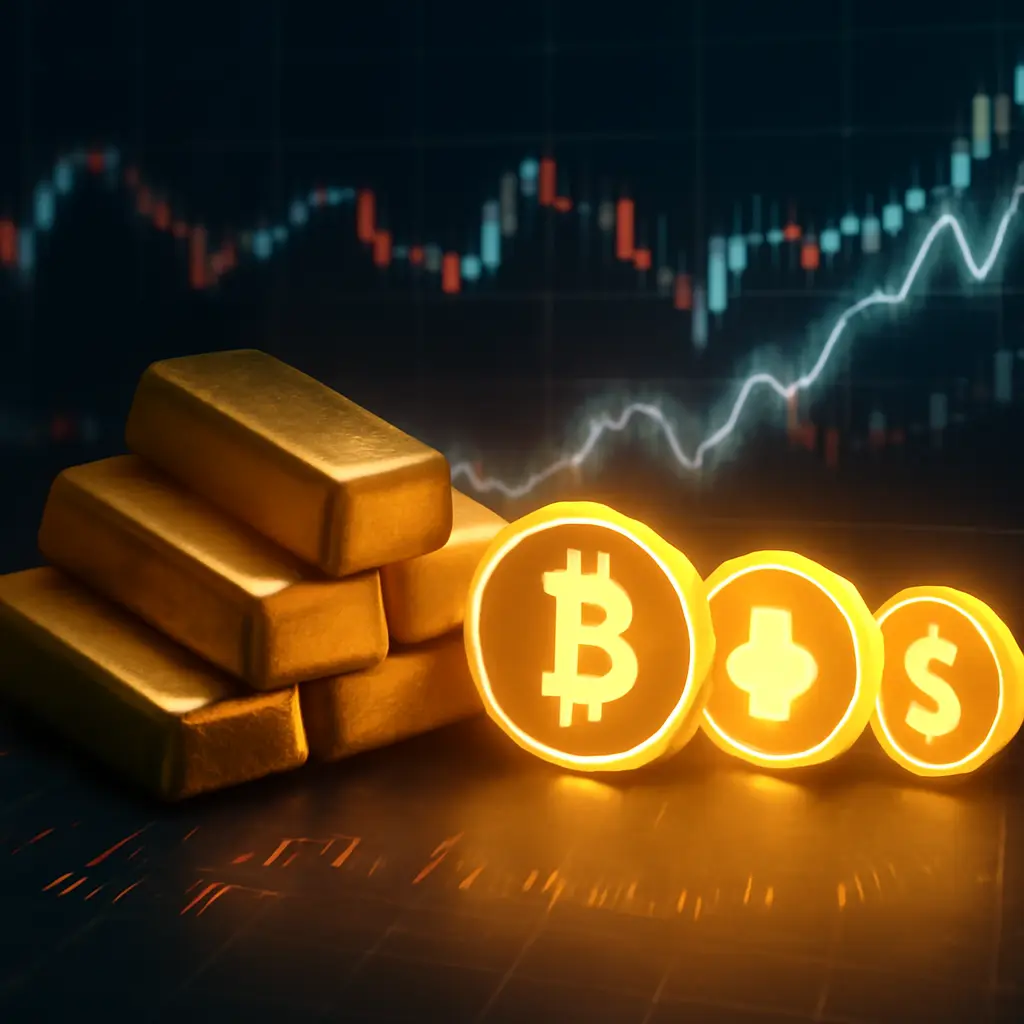 Золото и цифровые активы Сравнение золотых слитков и цифровых валют на фоне графика