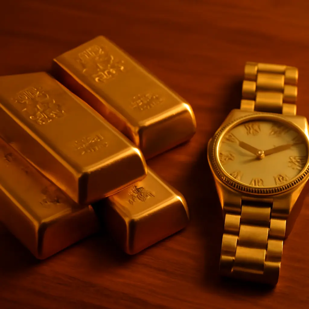 Золотые слитки и часы Золотые слитки рядом с часами — символ быстрого плана инвестирования