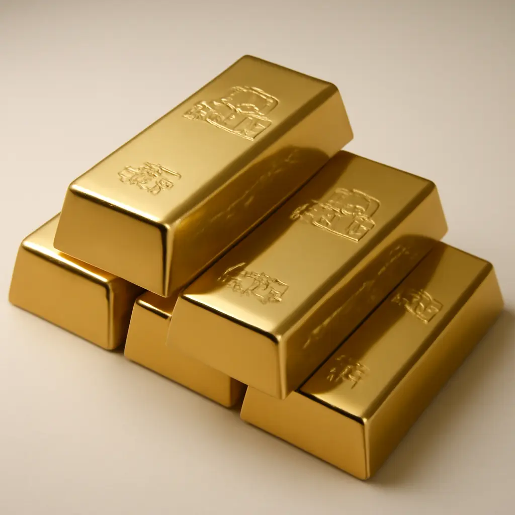 Золотые слитки и рынок Золотые слитки на нейтральном фоне, символ инвестиций