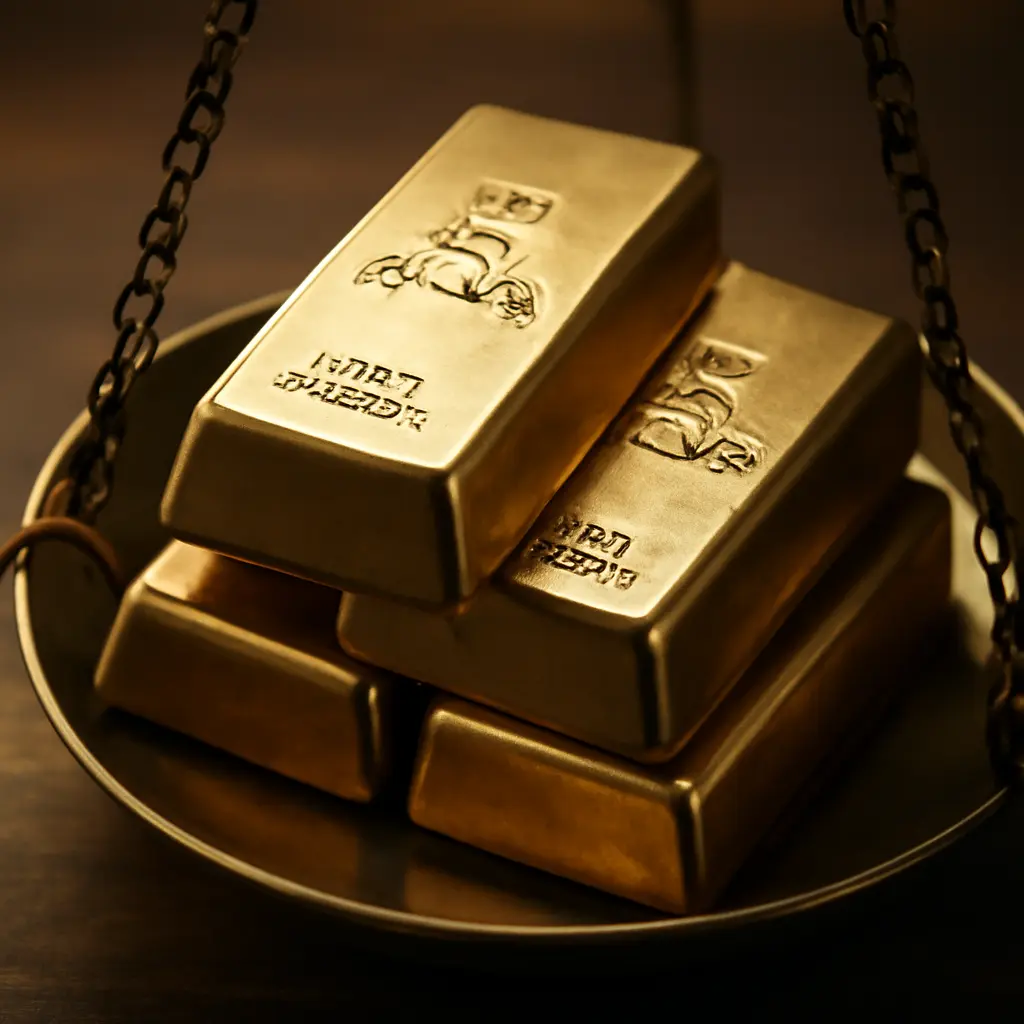 Золотые слитки на весах как символ инвестиций
